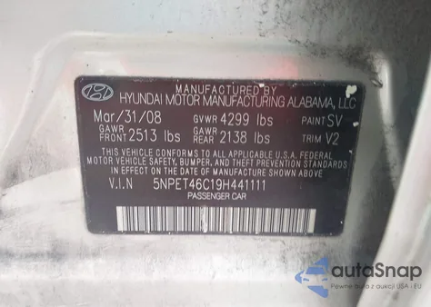 2009 Hyundai Sonata Gls z USA, uszkodzony, nr VIN 5NPET46C19H441111